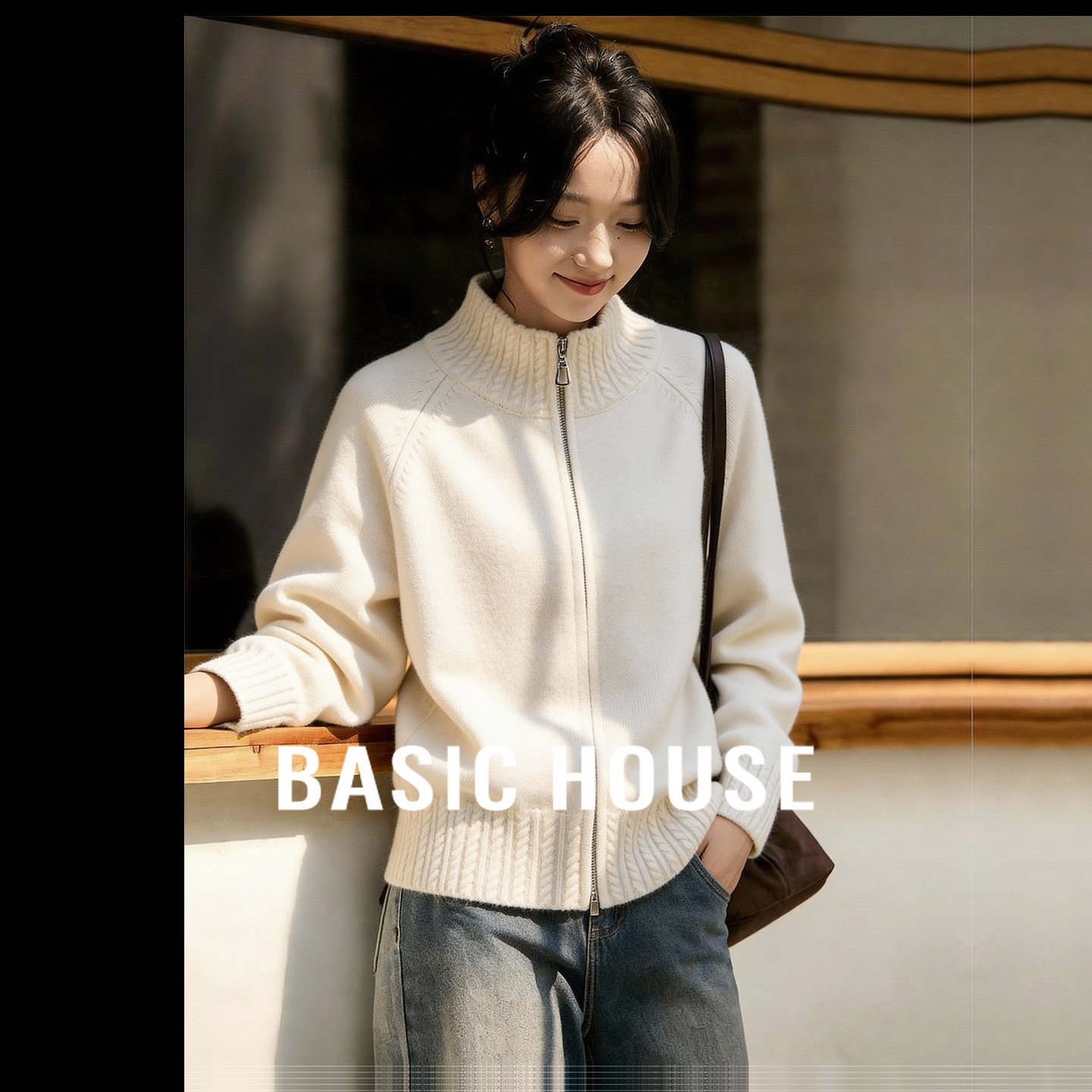 百家好韩系慵懒风米白色立领拉链毛衣开衫女2026新款宽松针织外套