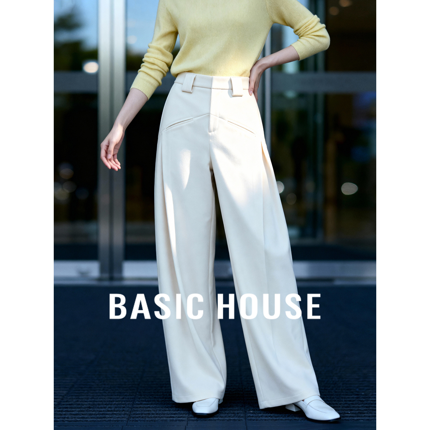 Basic House/百家好秋冬简约高腰显瘦休闲裤女纯色宽松阔腿裤长裤