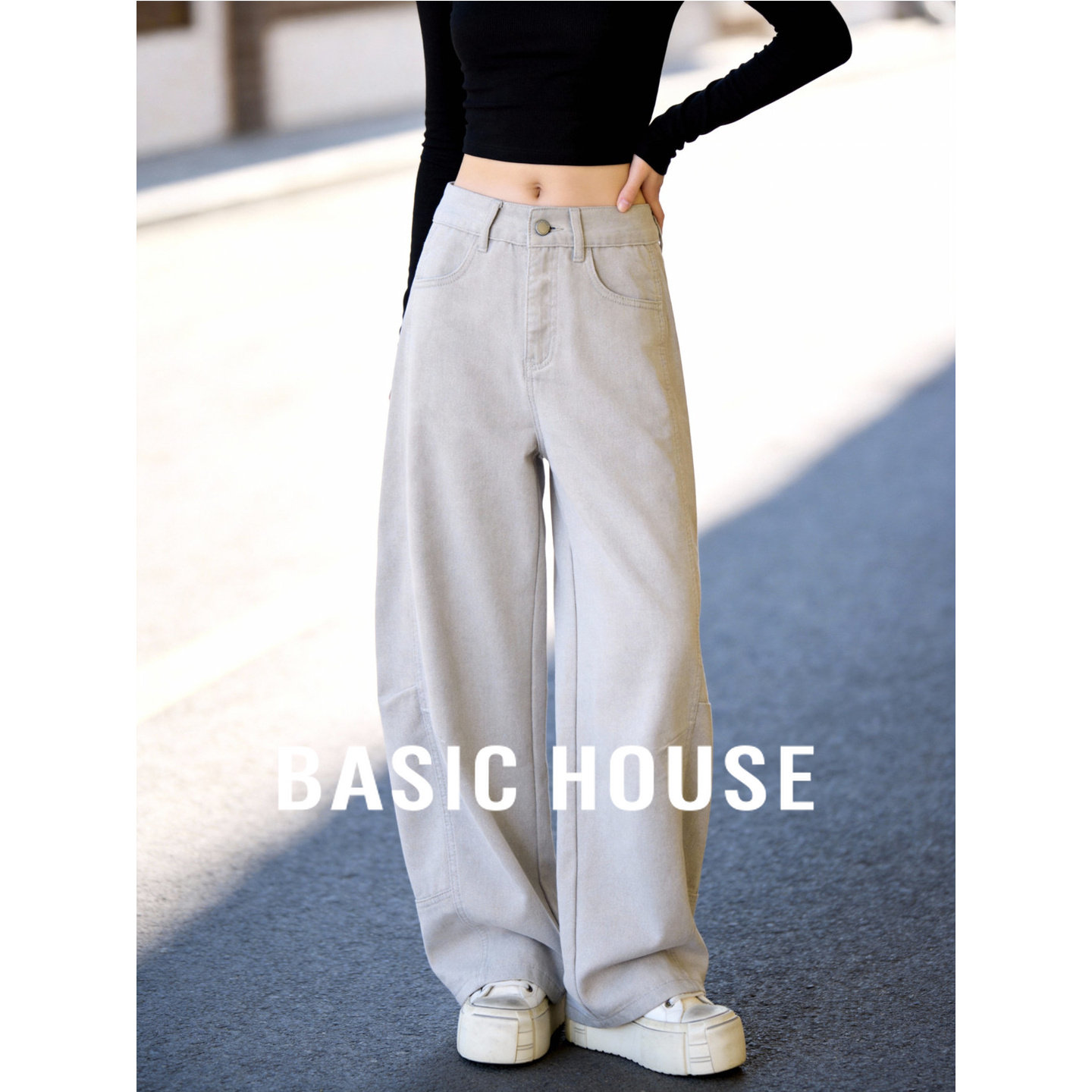 百家好立体拼接阔腿高腰宽松显瘦垂坠感2026春季新款休闲牛仔裤