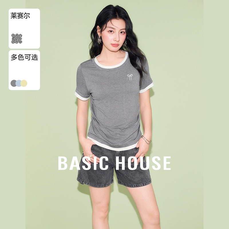 Basic House百家好2025夏新款撞色圆领正肩T恤女收腰短袖天丝上衣