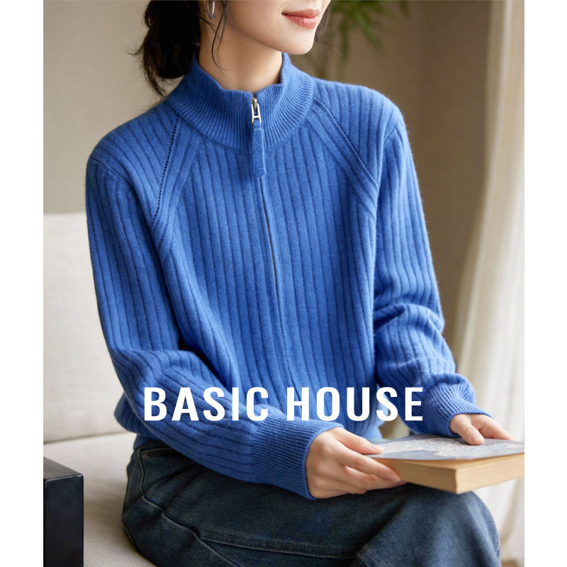 Basic House/百家好半高领蓝色毛衣女新款拉链针织羊毛衫开衫外套