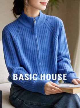 Basic House/百家好半高领蓝色毛衣女新款拉链针织羊毛衫开衫外套