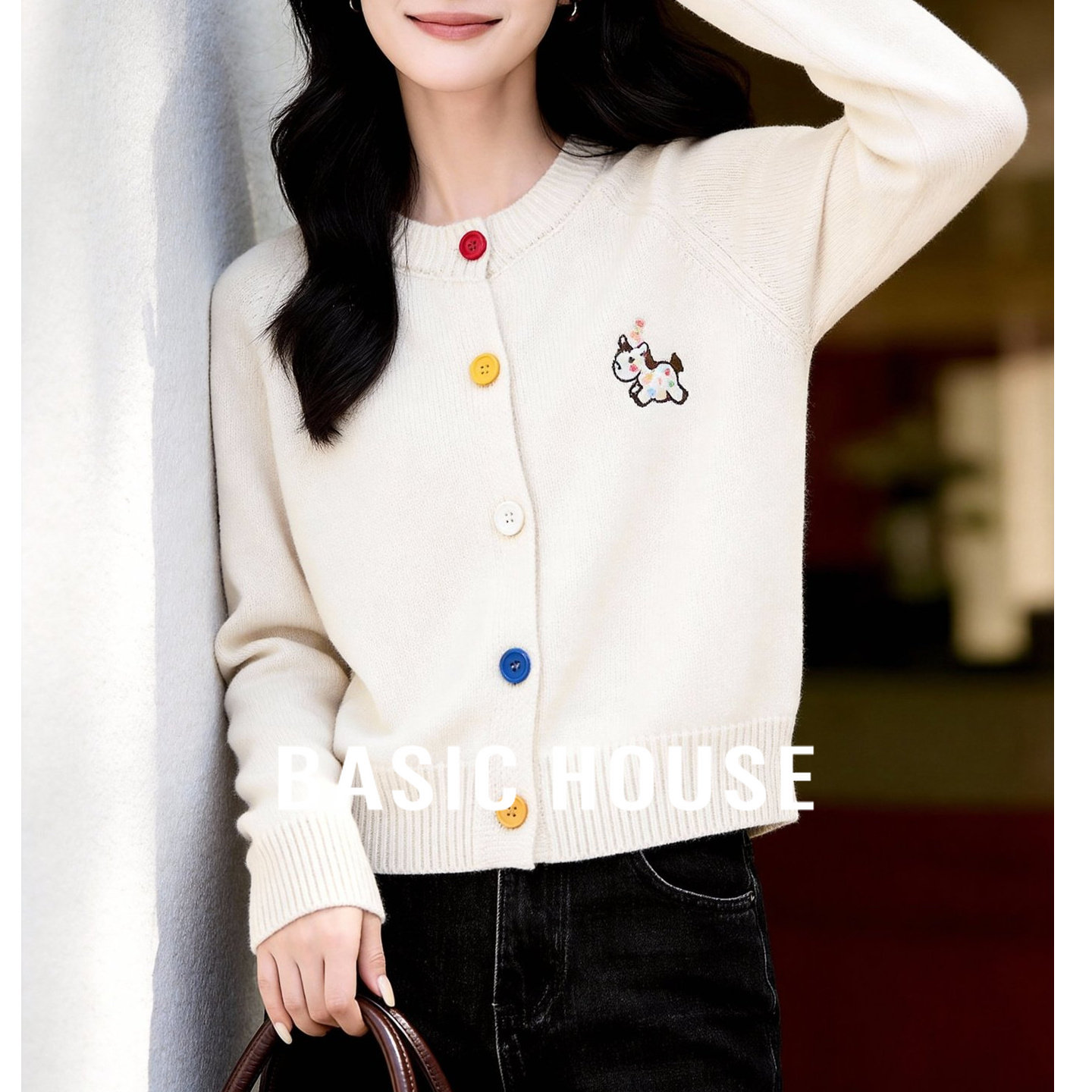 Basic House/百家好彩扣针织开衫女春新款宽松软糯小个子毛衣外套