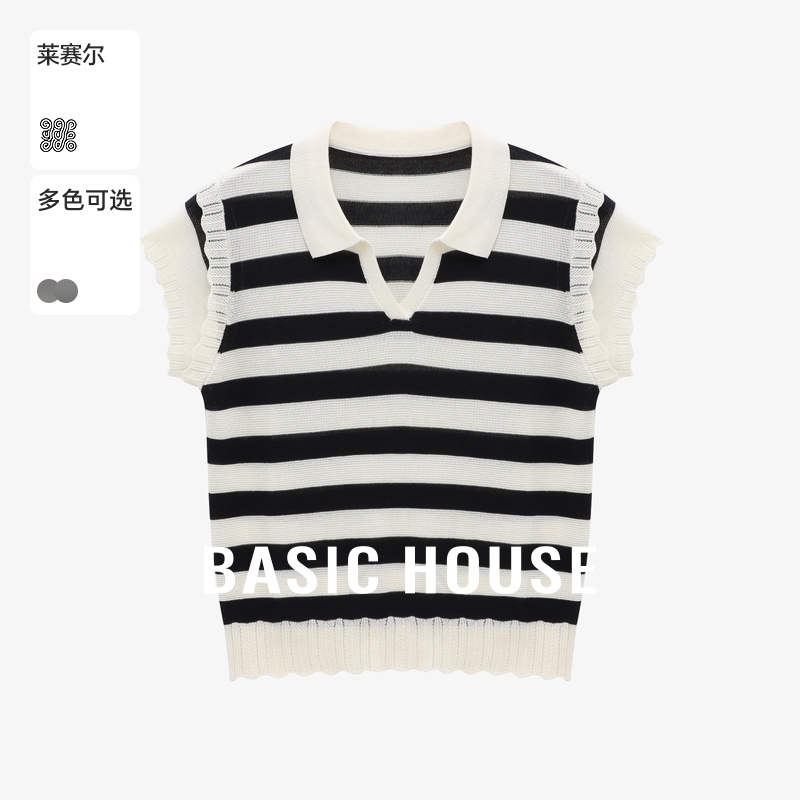 Basic House/百家好拼接蕾丝袖口撞色条纹设计感夏季新款针织衫女