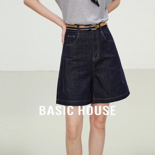 Basic House/百家好复古撞色牛仔短裤女夏季新款高腰宽松阔腿裤