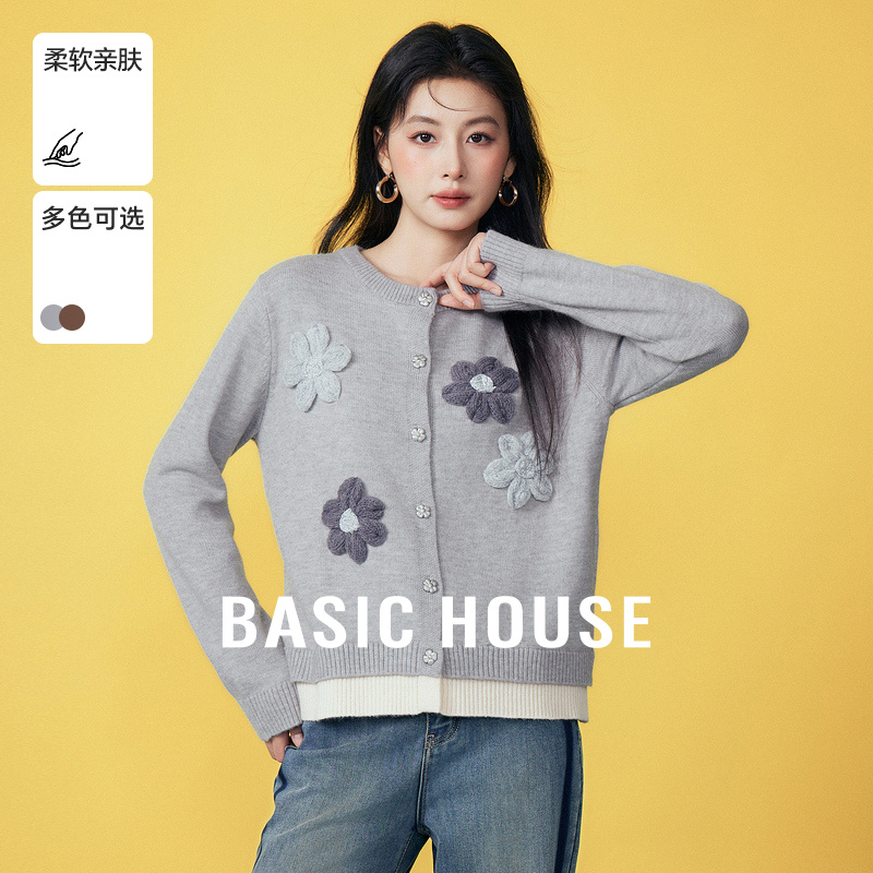Basic House/百家好立体钩花毛衣外套小个子秋季新款撞色拼接上衣