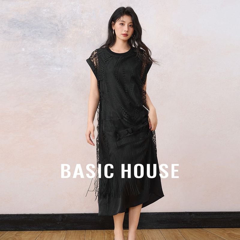 Basic House/百家好双层镂空拼接连衣裙气质黑色圆领流苏长裙夏季