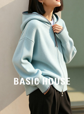 Basic House/百家好连帽针织毛衣开衫女2025冬季宽松休闲短款外套