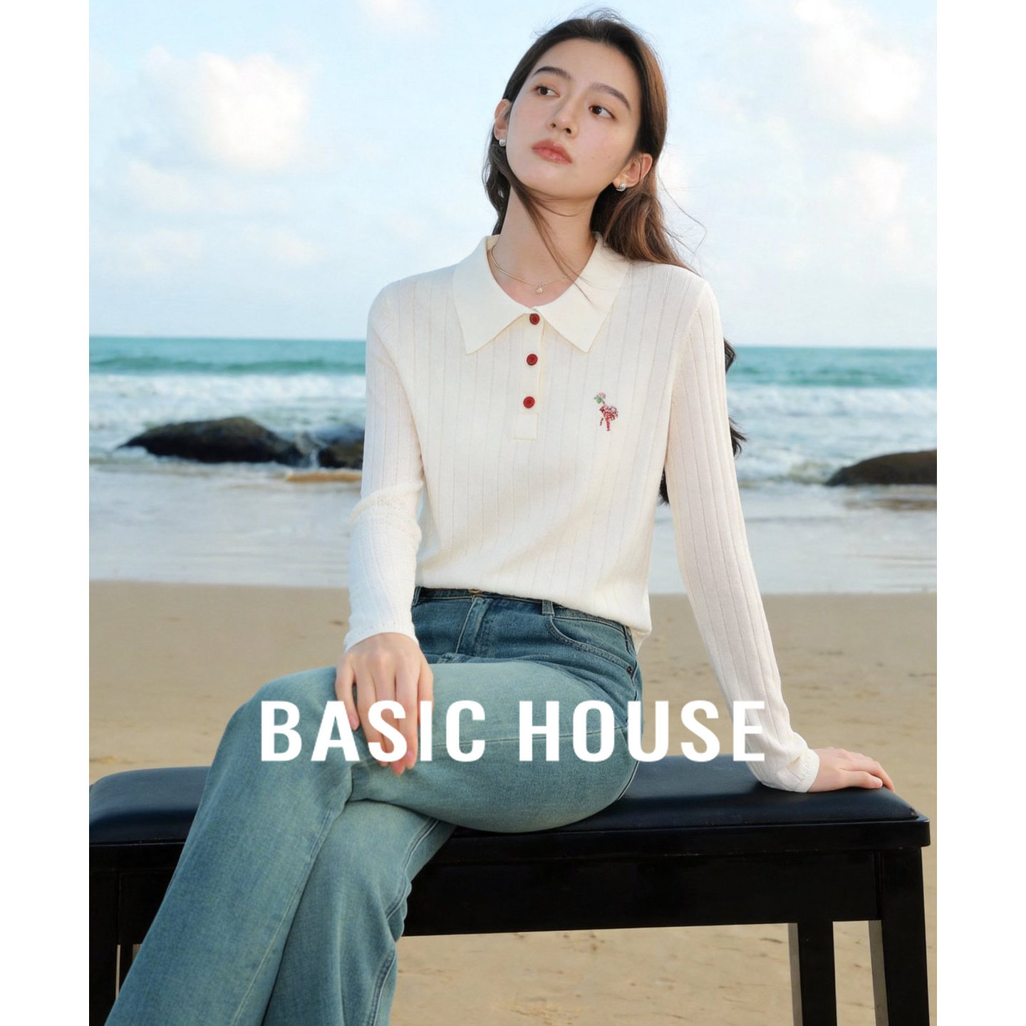 百家好坑条Polo领针织衫女春季新款修身显瘦减龄刺绣长袖打底上衣