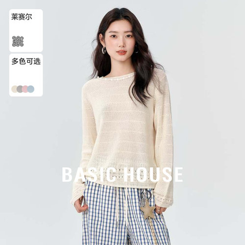 Basic House/百家好莱赛尔珍珠领口针织衫秋冬高级镂空套头上衣女