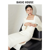 气质方领中长款 Basic 裙子 法式 连衣裙秋冬新款 House 百家好泡泡袖