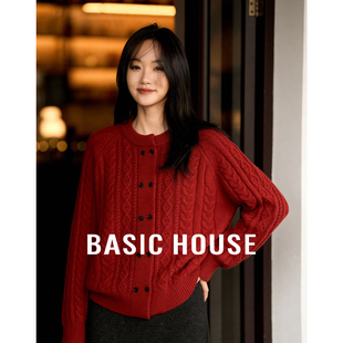 百家季绞花双排扣新年红色毛衣女冬季新款绵羊毛保暖麻花针织开衫