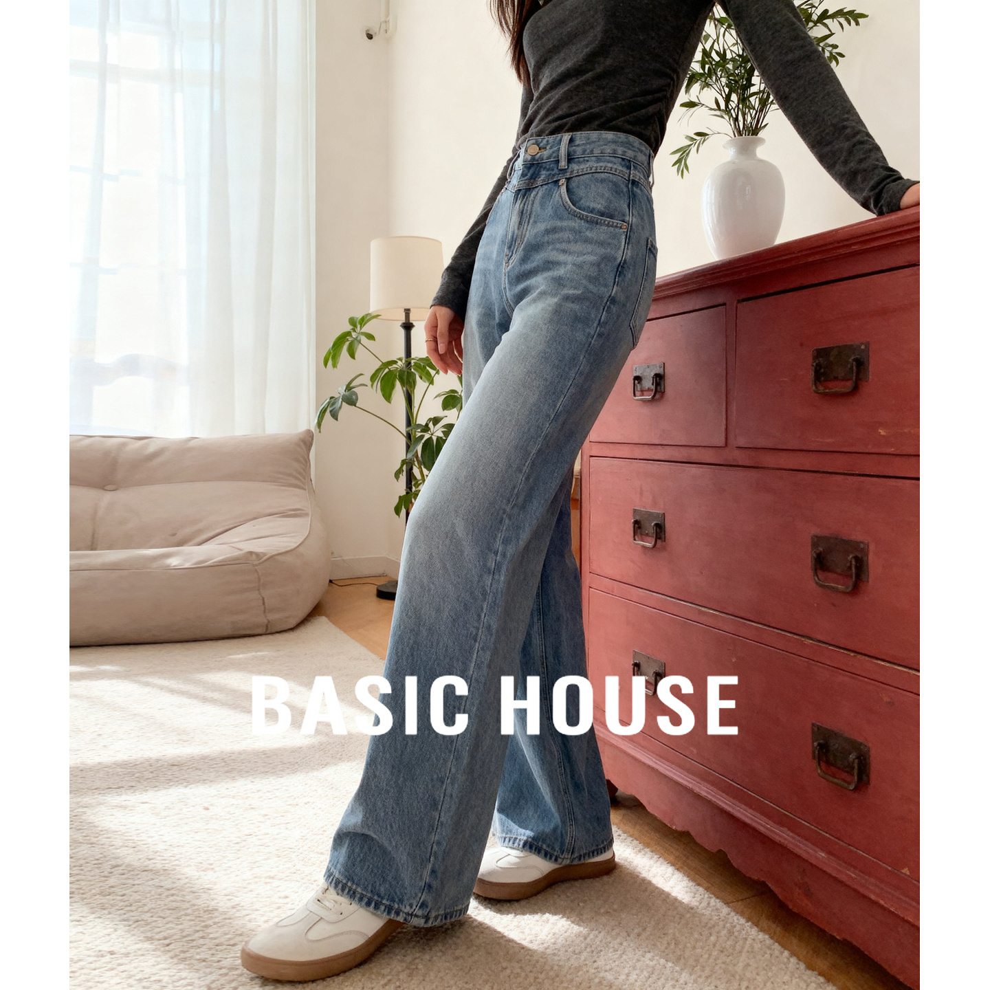 Basic House/百家好浅蓝色阔腿牛仔裤2025秋冬经典百搭直筒长裤女