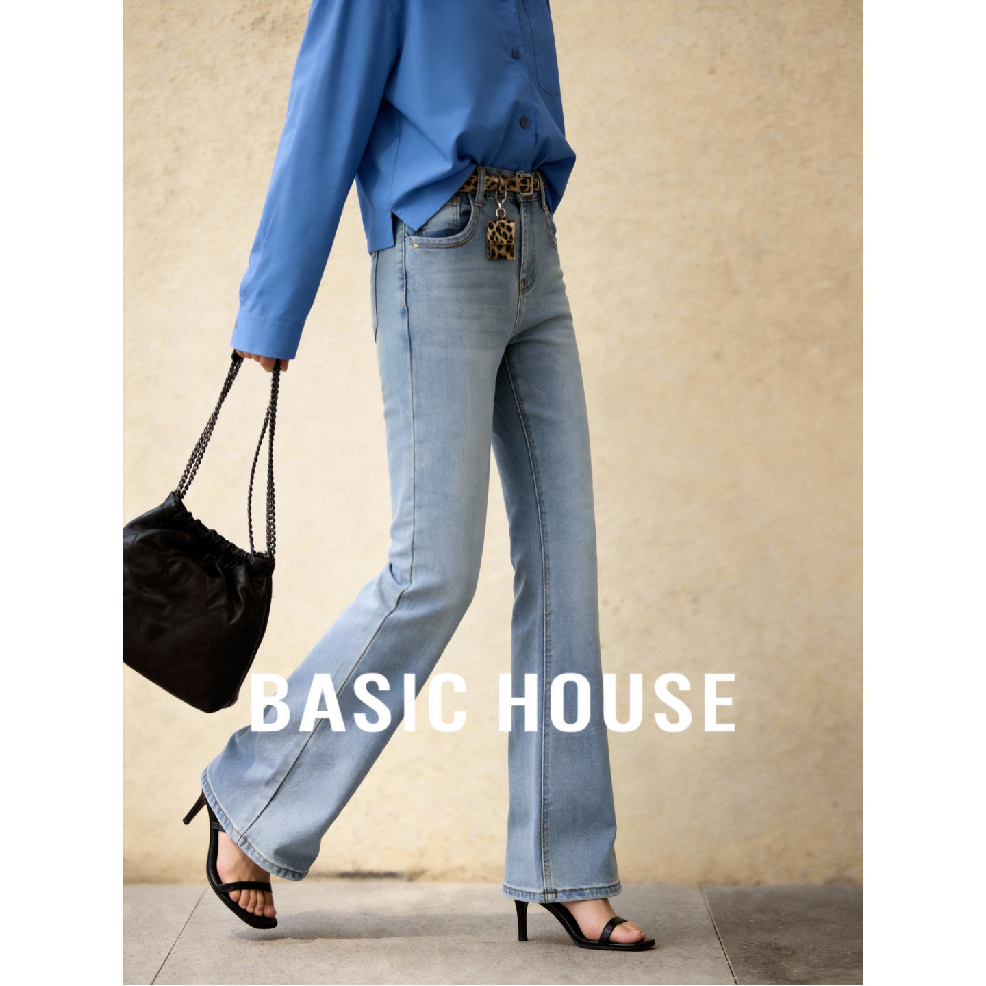 Basic House/百家好浅色微喇牛仔裤修身显瘦水洗弹力高腰长裤新款