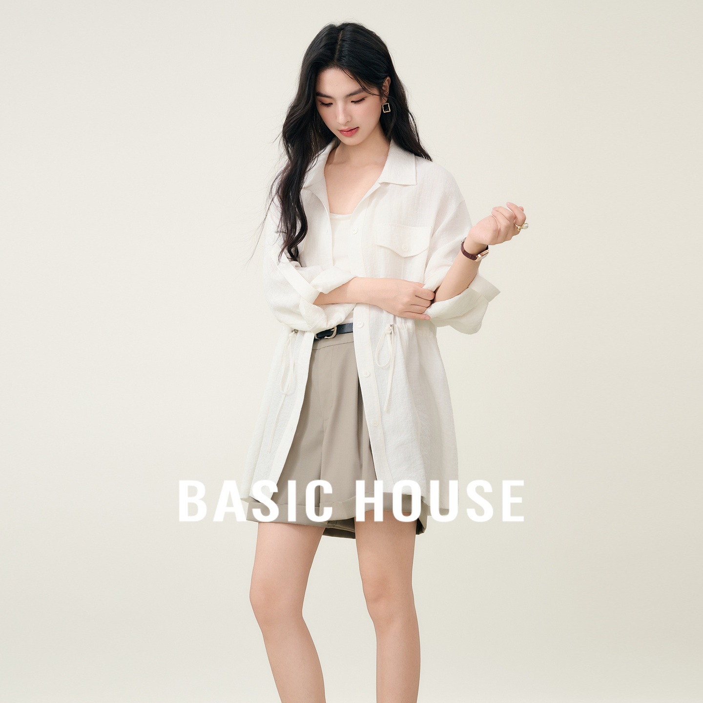 Basic House/百家好秋季新款翻领口袋抽绳收腰设计感百搭休闲衬衫