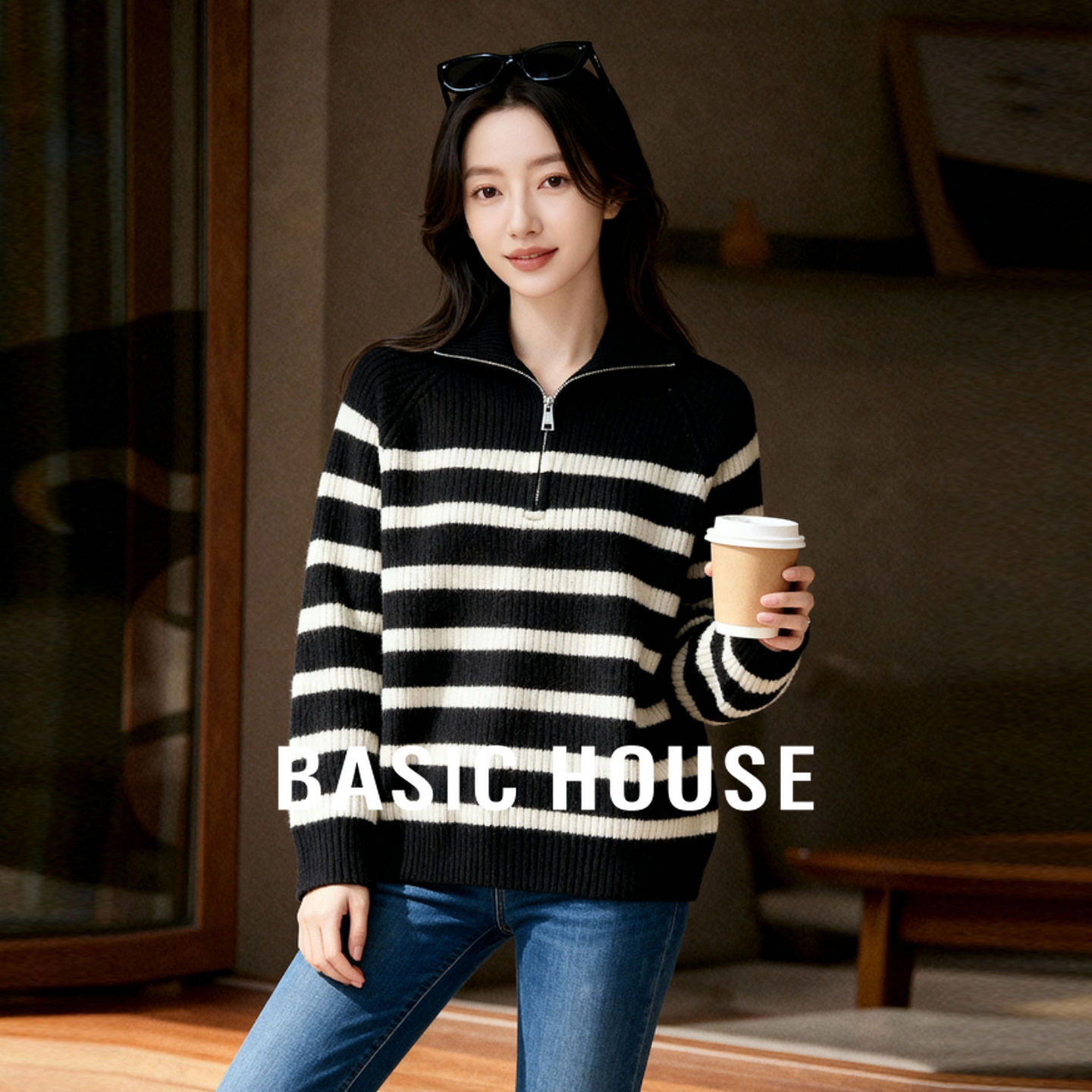 Basic House/百家好黑色条纹半拉链翻领羊毛衫女冬慵懒风套头毛衣