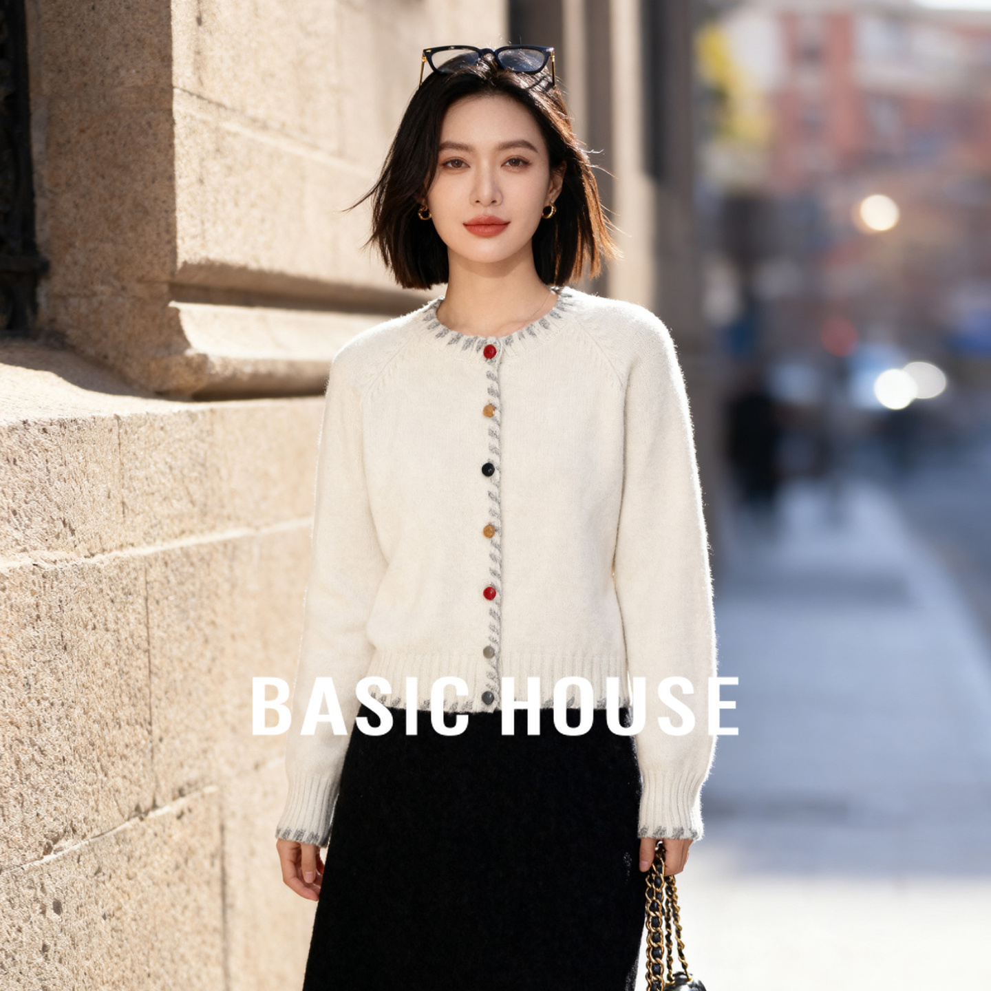 Basic House/百家好25秋冬彩色纽扣开衫毛衣女圆领软糯温柔风上衣