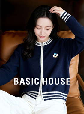 Basic House/百家好休闲风新款棒球服外套女刺绣撞色拉链开衫毛衣