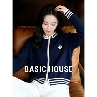 棒球服外套女刺绣撞色拉链开衫 百家好休闲风新款 毛衣 House Basic