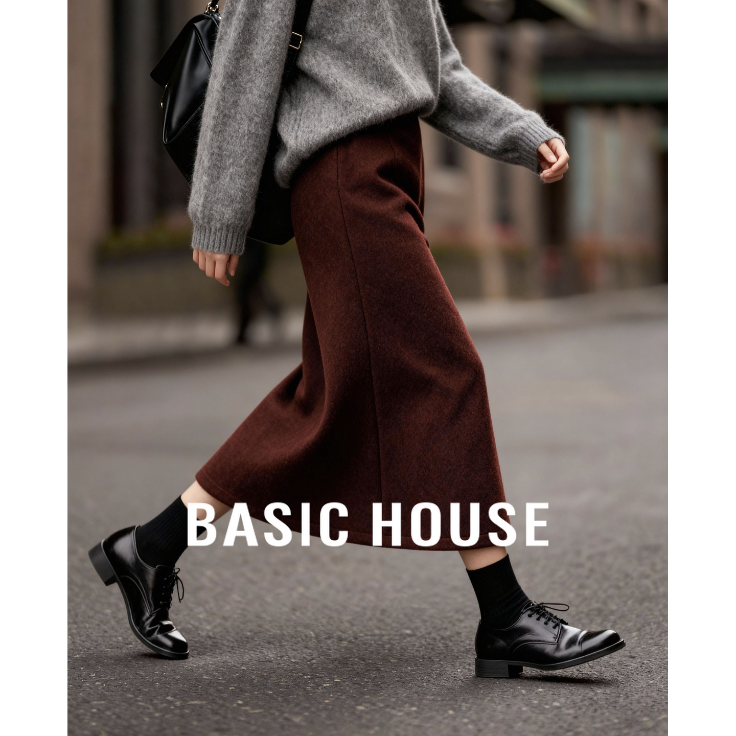 Basic House/百家好加厚羊毛呢半身裙女冬通勤中长款A字裙子显瘦