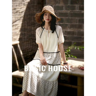 优雅短袖 Basic 新款 百家好撞色拼接波点连衣裙26夏季 A字裙 House