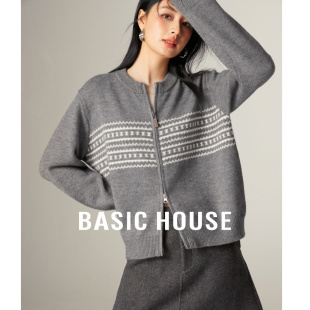 Basic House/百家好圆领拼色提花毛衣女秋冬双拉链设计感开衫外套