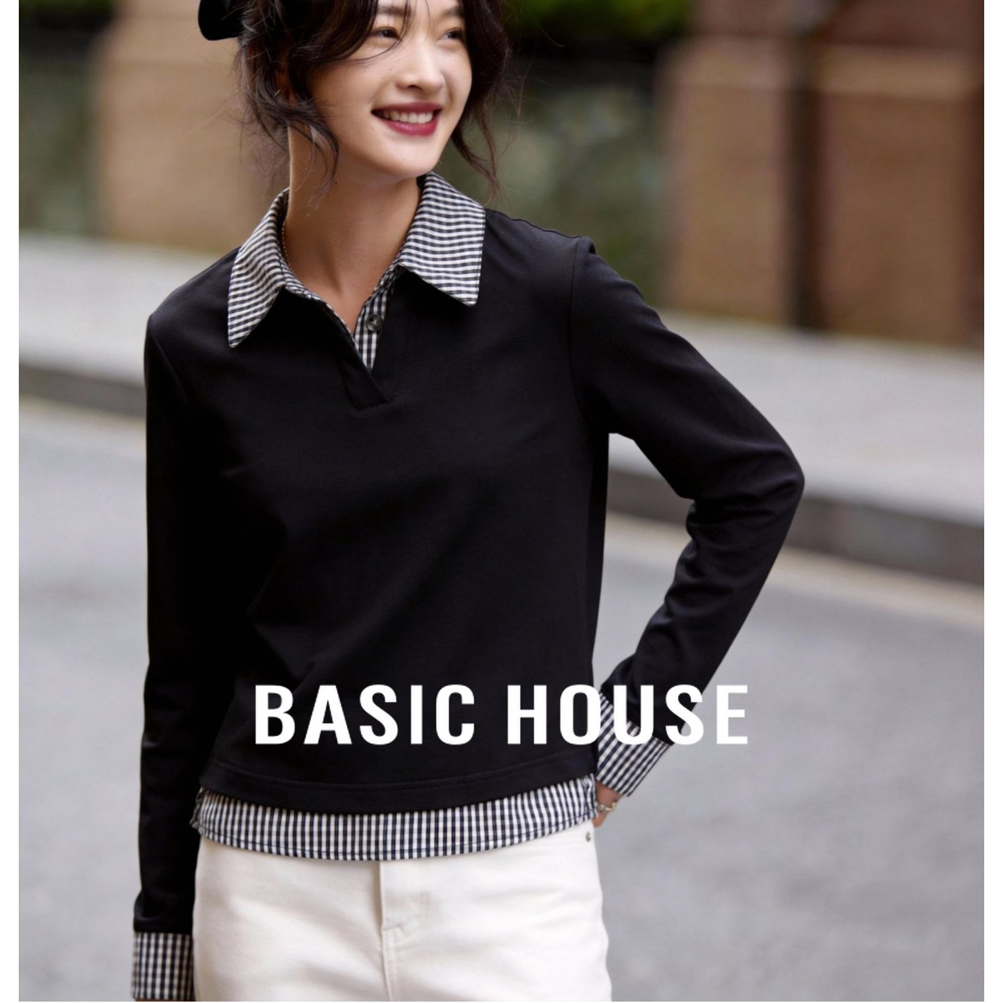 Basic House/百家好2026春新款MIU系学院风撞色拼接假两件长袖T恤