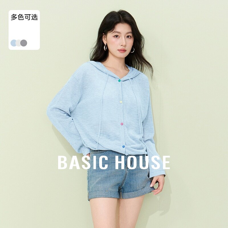Basic House/百家好慵懒风春夏防晒针织帽衫宽松长袖上衣2026新款