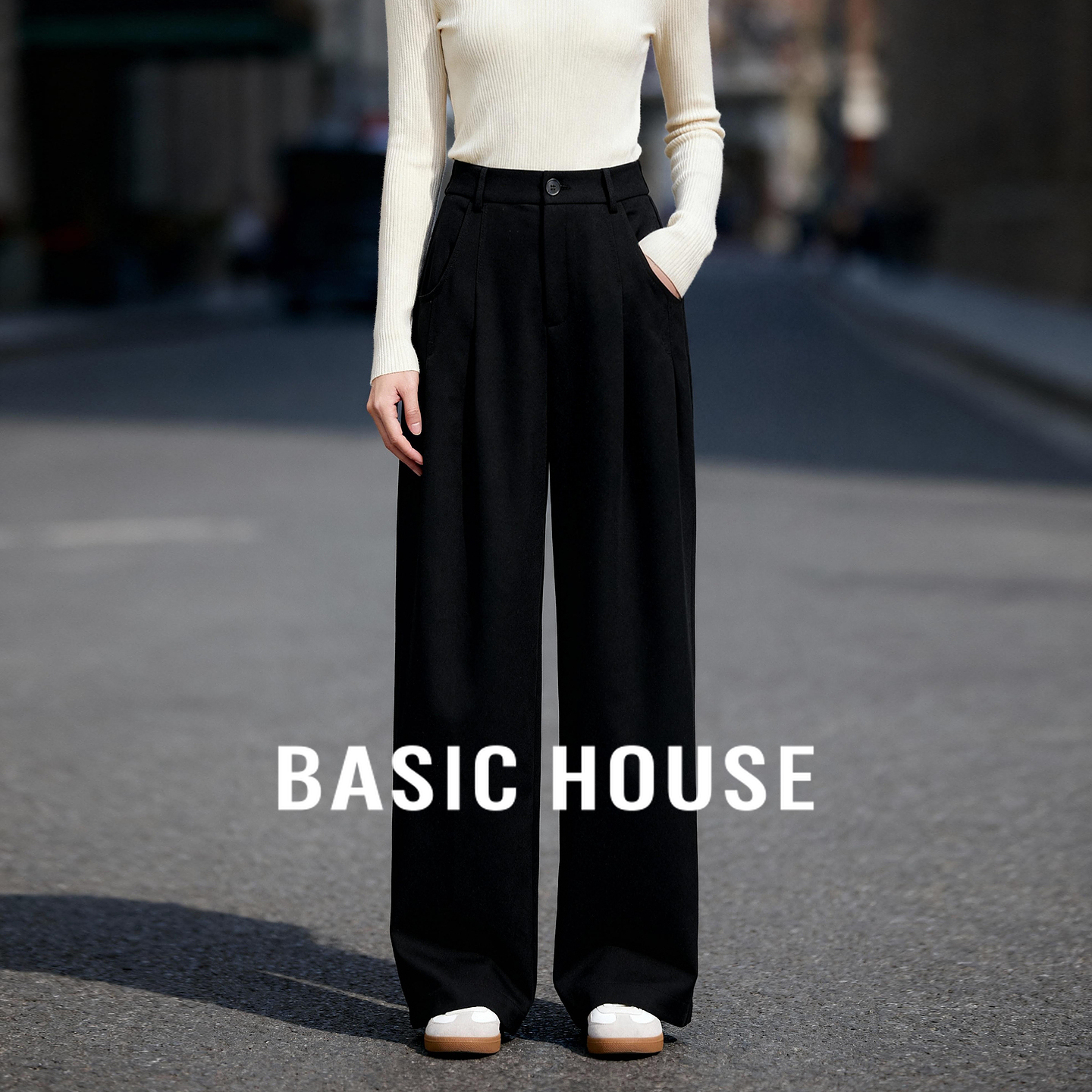 Basic House/百家好莱赛尔垂感西装裤秋季新款垂感高腰阔腿休闲裤