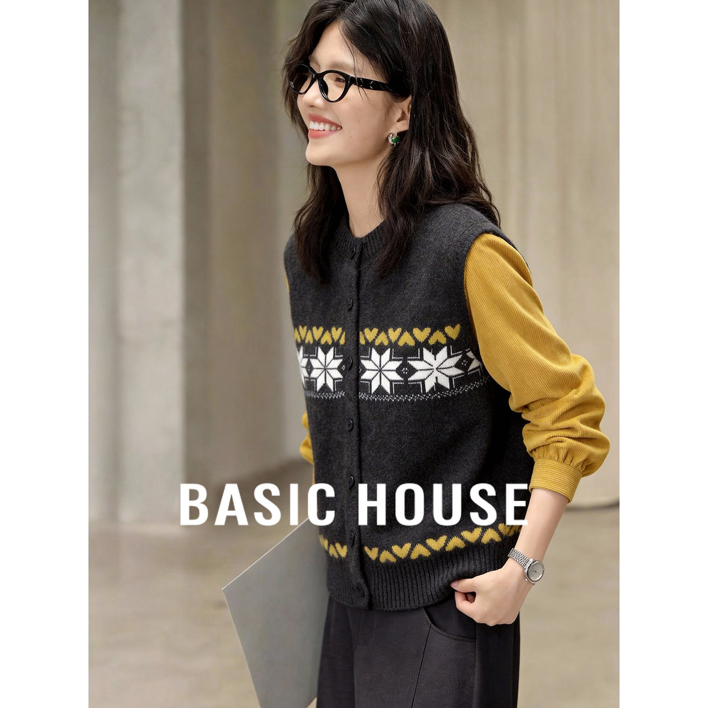 Basic House/百家好复古提花针织假两件女2026春新款拼接宽松上衣,女装/女士精品,毛衣,淘宝优惠券,粉丝福利购,淘宝优惠卷