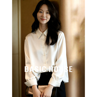 女宽松显瘦职场通勤上衣春 百家好高级感米白缎面衬衫 Basic House
