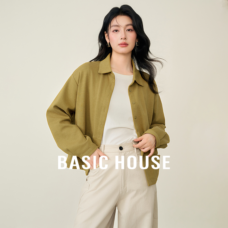 Basic House/百家好复古文艺翻领衬衫女秋季新款纯色长袖衬衣外套