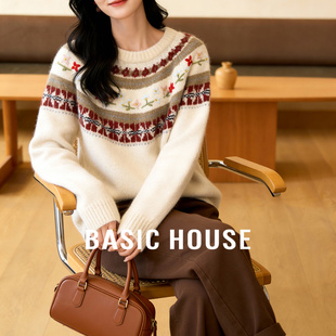 Basic House/百家好费尔岛提花毛衣女春季新款复古圆领套头针织衫