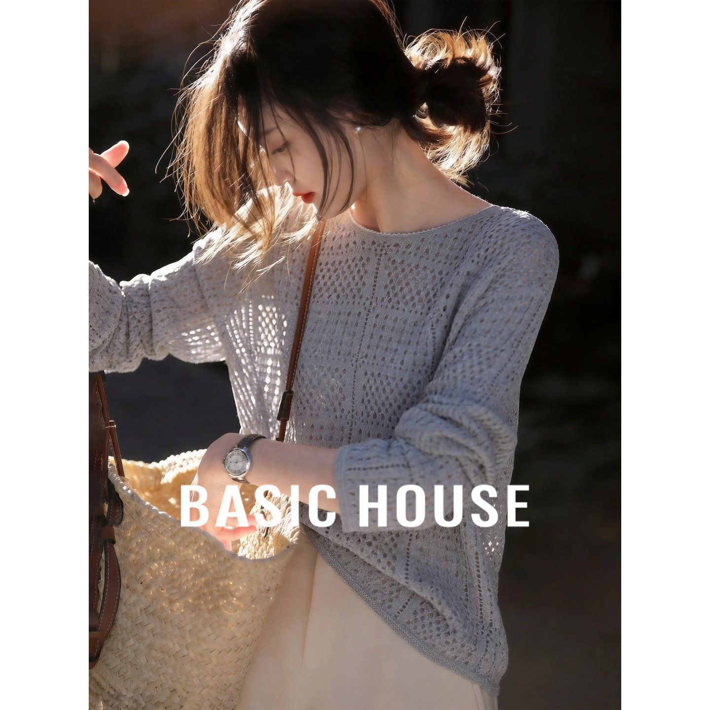 Basic House/百家好温柔慵懒风长袖镂空针织衫女夏季微透薄款上衣