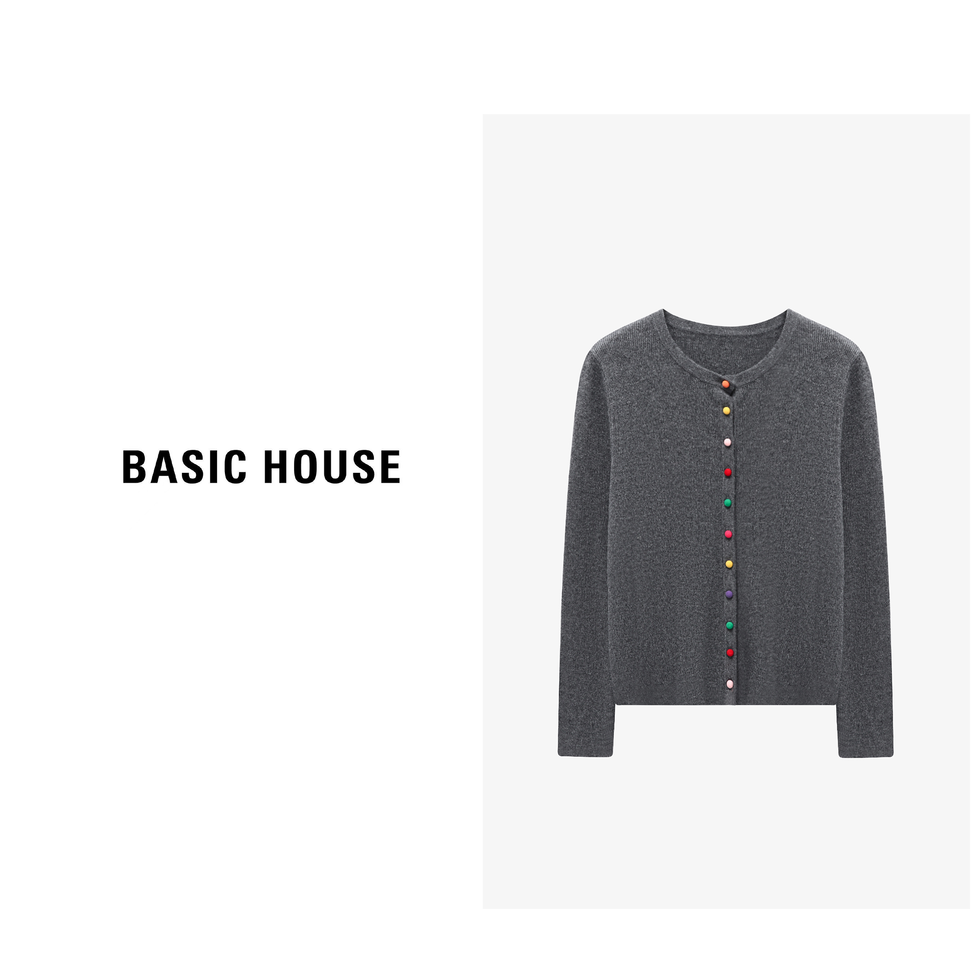 Basic House/百家好绵羊毛纯色针织开衫秋季小众设计感针织衫
