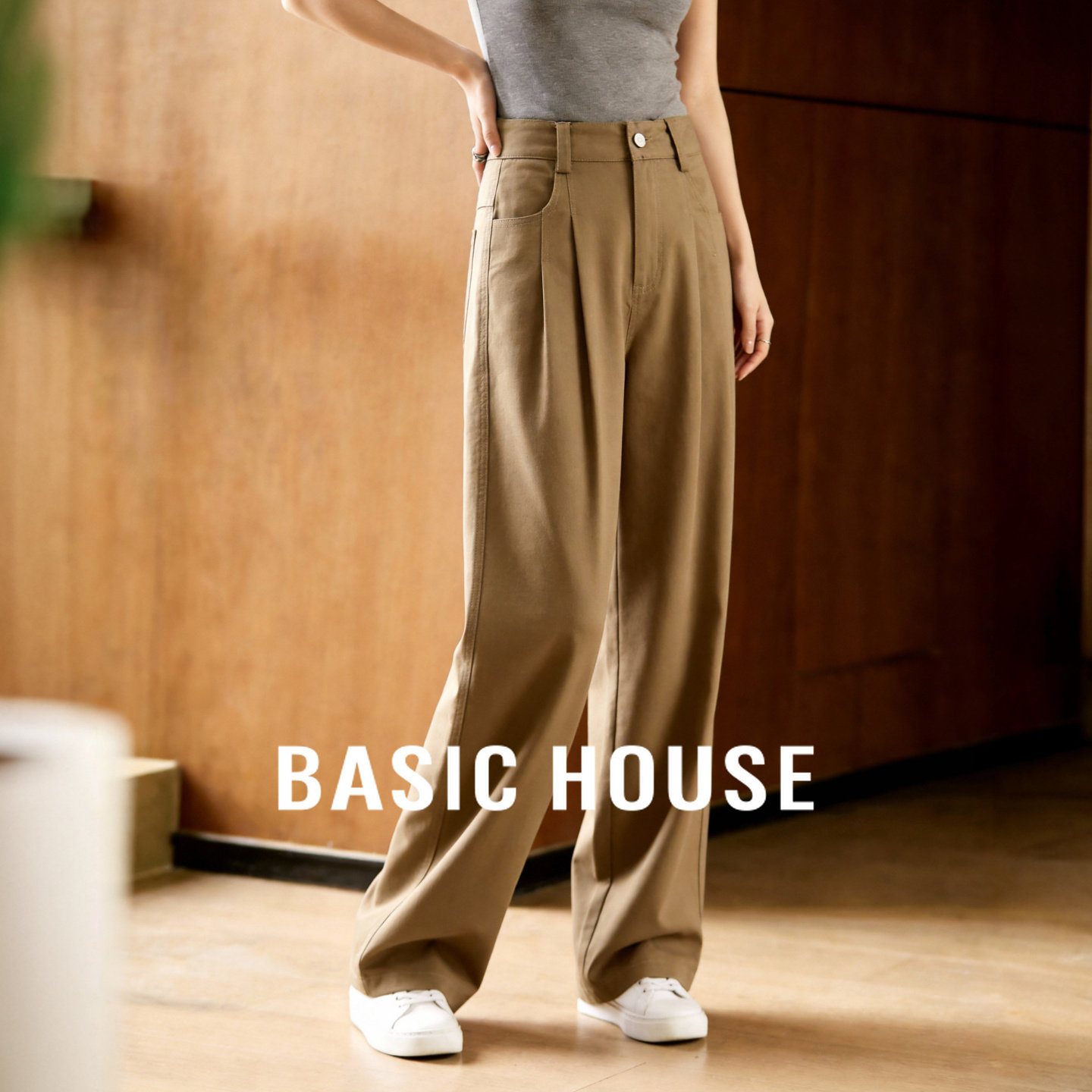 Basic House/百家好卡其色阔腿压褶休闲裤春季新款直筒宽松长裤女