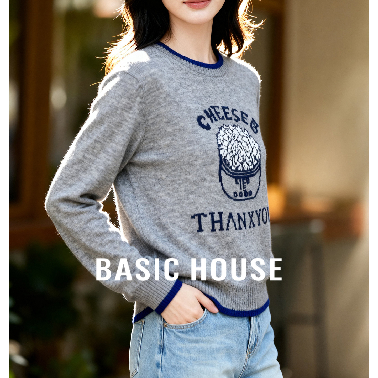 百家好美式复古高级刺绣毛衣女冬季新款撞色加厚宽松打底针织毛衫