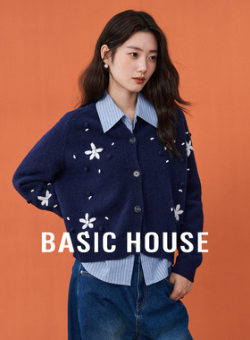 Basic House/百家好个性纽扣开衫毛衣25秋冬立体花朵点缀温柔上衣