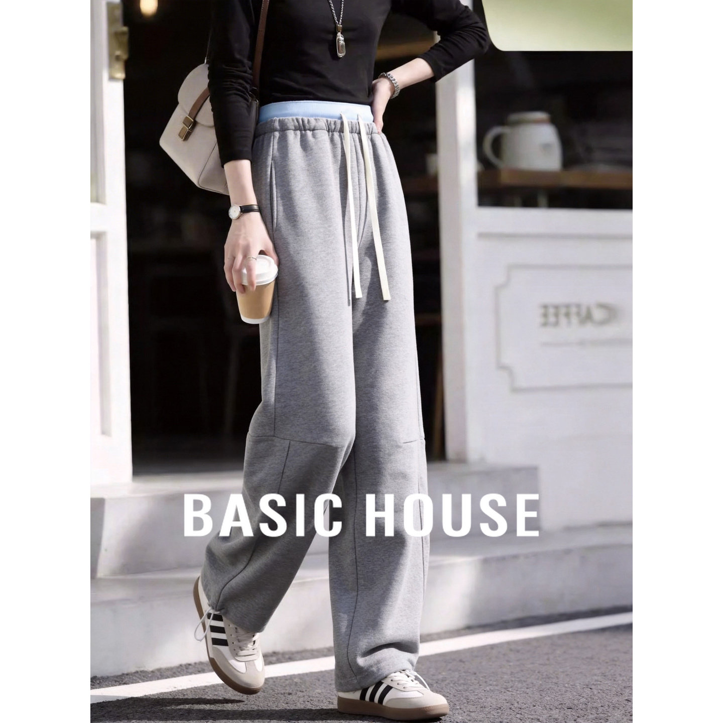 Basic House/百家好复古撞色弯刀裤女26夏季新款宽松阔腿休闲卫裤