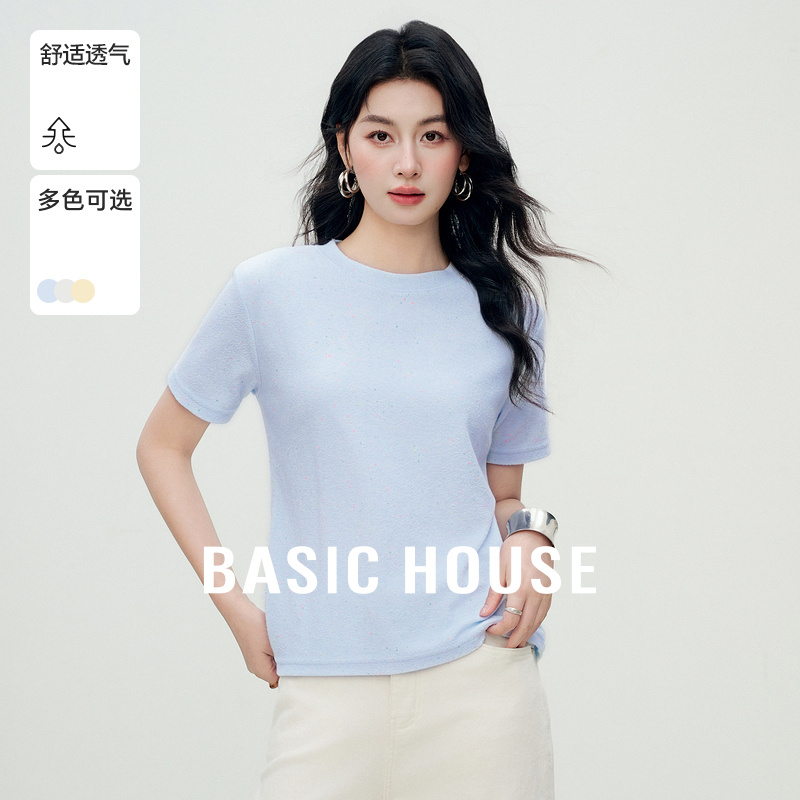 Basic House/百家好夏季新款纯色休闲休闲百搭圆领短袖套头针织衫