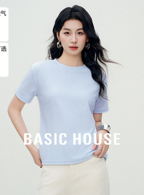 Basic House/百家好夏季新款纯色休闲休闲百搭圆领短袖套头针织衫
