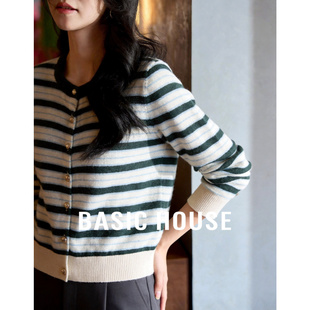 女26春季 百家好圆领条纹绿色撞色针织衫 保暖宽松上衣 House Basic