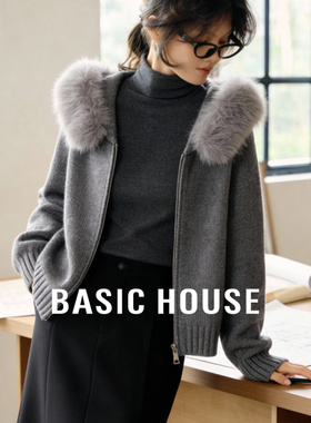 百家好毛领连帽灰色毛衣女士秋冬季2025新款针织开衫保暖百搭上衣