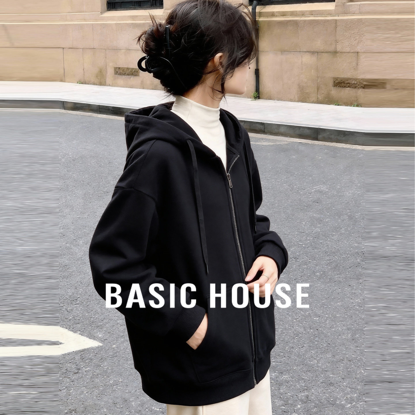 Basic House/百家好宽松黑色卫衣女春季新款连帽抽绳拉链简约外套