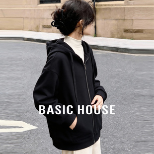 Basic House/百家好宽松黑色卫衣女春季新款连帽抽绳拉链简约外套