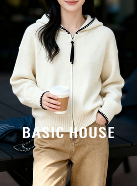 Basic House/百家好米色连帽针织开衫宽松慵懒毛衣外套女2026冬季
