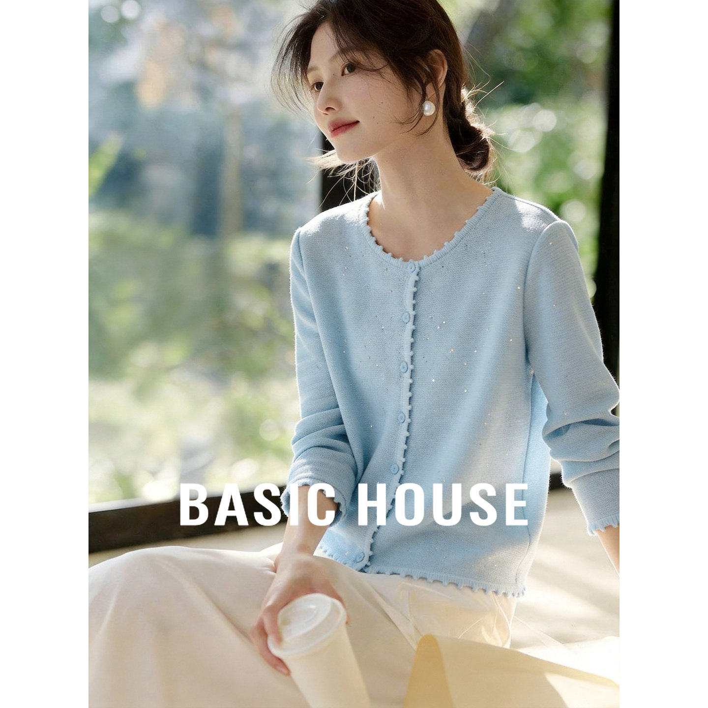 Basic House/百家好韩系点纱针织开衫女26夏季新款莱赛尔长袖上衣