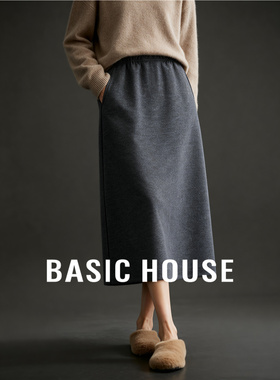 百家好骆驼绒灰色气质半身裙女冬季新款加厚保暖高级感中长直筒裙