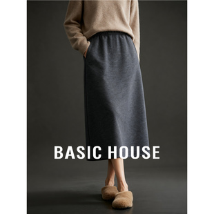 百家好骆驼绒灰色休闲毛呢A字半身裙女冬季新款加厚中长直筒裙子