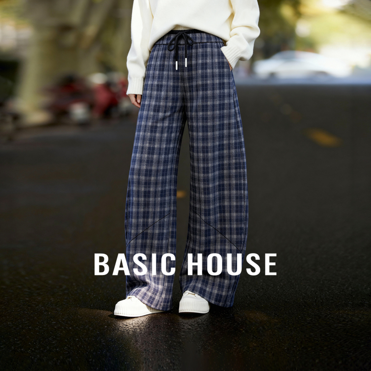 Basic House/百家好复古格纹休闲裤女冬季宽松直筒抽绳高腰阔腿裤